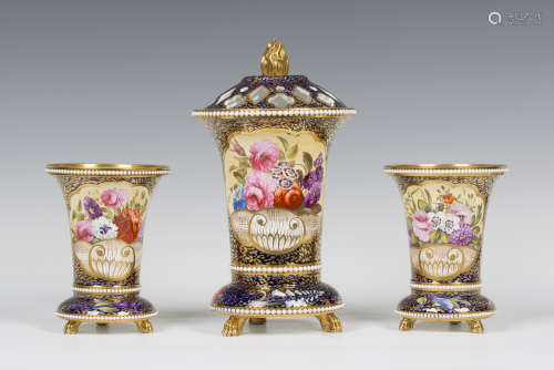 A garniture of three Spode vases and a cover, circa 1817-19, of flared trumpet shape with integral
