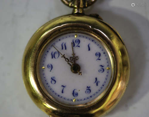 A gold, enamelled and diamond set keyless wind open-faced lady's fob watch with unsigned cylinder