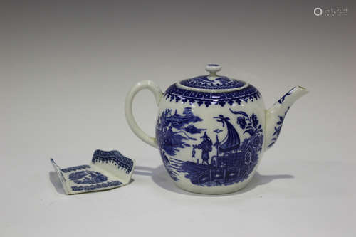 A Worcester porcelain blue printed teapot and cover, circa 1780, in the Fisherman and Cormorant