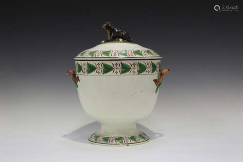 A creamware Spode cream pail and cover, early 19th century, the U-shaped body enamelled with bands