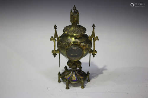 A late 19th century French gilt brass and porcelain table clock with eight day movement striking