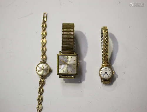 A Tissot 9ct gold lady's bracelet watch, the signed silvered dial with baton hour markers, case