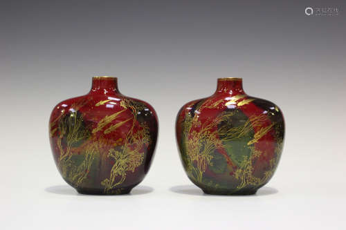 A pair of Royal Doulton Sung Flambé vases, 1920s, decorated by Noke and Allen, the flattened high