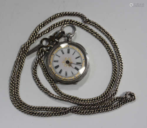 A .935 silver cased lady's fob watch, the enamel dial with Roman numerals, case diameter 3.5cm, with
