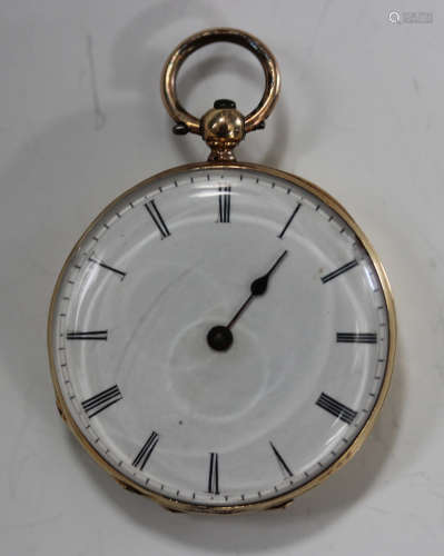 A gold cased keywind open-faced lady's fob watch with unsigned gilt cylinder movement, the enamelled