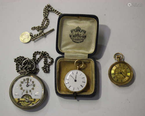 A gold cased keyless wind open-faced lady's fob watch with unsigned jewelled cylinder movement, base