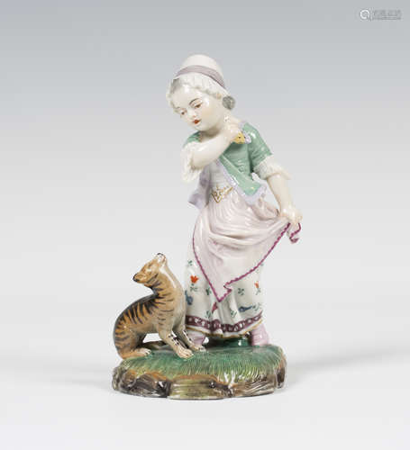 A Höchst porcelain figure group, circa 1775, modelled as a young girl holding a doll in her right