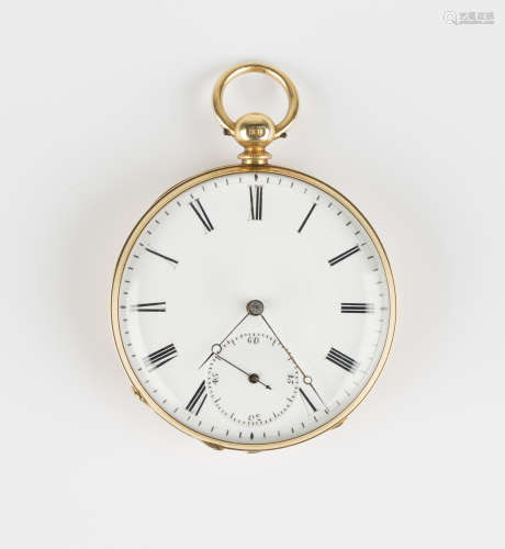 A gold cased keywind open-faced gentleman's pocket watch with unsigned gilt jewelled lever movement,