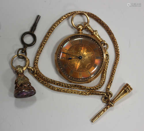 An 18ct gold cased keywind open-faced lady's fob watch, the gilt three-quarter plate lever