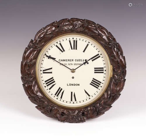 A Victorian mahogany cased circular wall timepiece with brass eight day single fusee movement, the