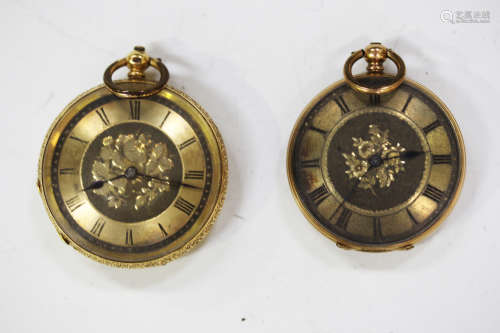Two gold cased keywind open-faced lady's fob watches, each with unsigned movement and gilt metal
