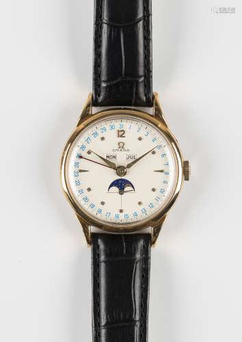A rare Omega Cosmic triple calendar moonphase rose gold plated cased gentleman's wristwatch, circa