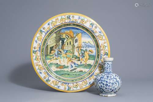 An Italian polychrome maiolica charger and a blue ...