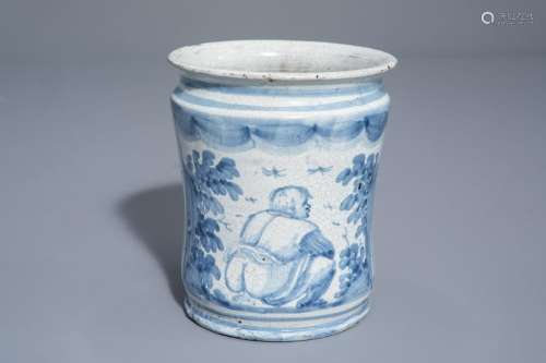 A blue and white albarello with a man taking a poo...