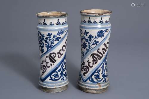 A pair of Catalan blue and white inscribed albarel...