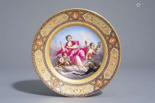 A Viennese polychrome and gilt plate with 'Die sat...