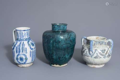 A Turkish Kutahya ewer and two Qajar jars, Iran, 1...