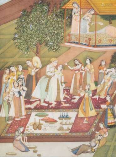 A Persian miniature on ivory with a wedding party,...