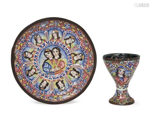 A Qajar gilt and enamelled copper cup and saucer, Iran, 19th century, the cup on a spreading foot