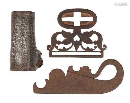 Three steel elements, a belt buckle, a flint strike and a powder flask, Safavid Iran, 17th