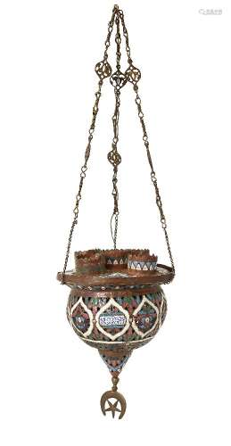 An Ottoman cloisonne enamelled copper mosque lamp, Syria, late 19th-early 20th century, of domed