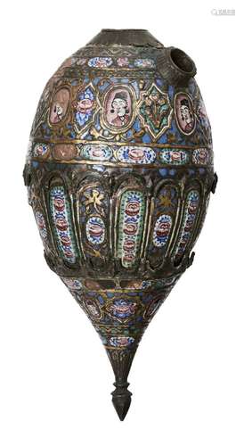 A Qajar enamelled copper water pipe, Iran, 19th century, of ovoid form with tapering base, the