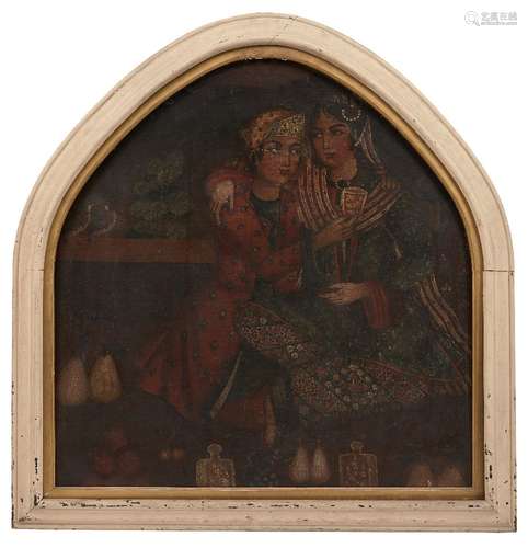 A Qajar painting of a drinking couple, Iran, late 19th/early 20th century, oil on canvas, shown