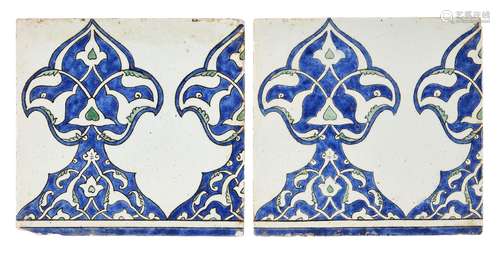 A pair of Damascus underglaze painted pottery border tiles, Syria, 17th century, each of square form