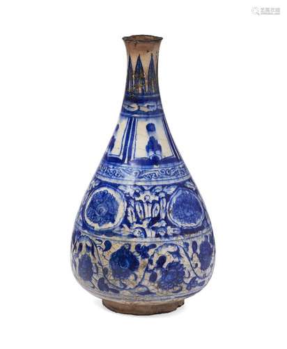 A Timurid blue and white pottery bottle, Iran, 15th century, of large drop form rising to a small