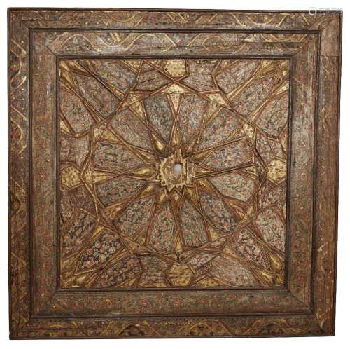 An Ottoman wooden painted panel, probably from a ceiling, Turkey, 19th century, comprising wooden