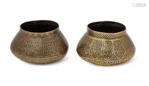 Two small Veneto-Saracenic brass inlaid bowls, probably Mamluk Syria, 15th century, of similar