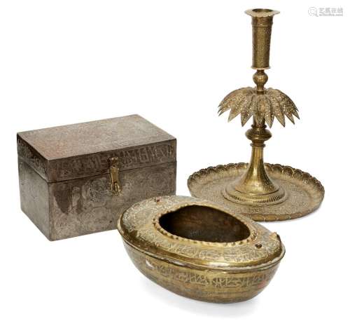 A Qajar engraved brass kashkul, sweets container and an engraved steel box, Iran, 19th century,