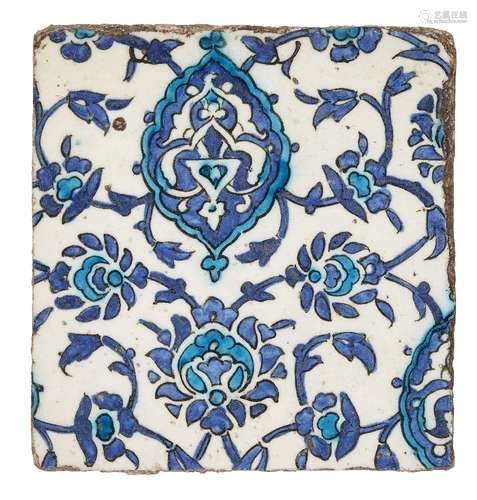 A Damascus underglaze painted pottery tile, Syria, 17th century, decorated in cobalt, turquoise