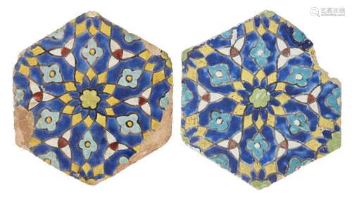 Two Timurid cuerda seca pottery tiles, Samarkand, early 15th century, of hexagonal shape, moulded,