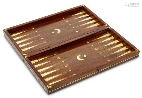 An ivory inlaid mahogany backgammon board, Turkey, early 20th century, the interior with crescent