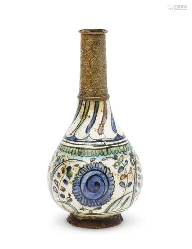 A Damascus pottery bottle with Ottoman brass mounts, Ottoman Syria, 17th century with 19th century