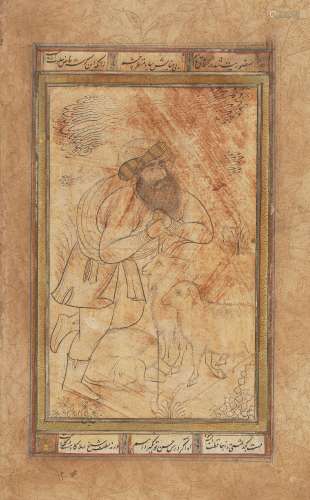 A study of a bearded shepherd in the Safavid-style, Iran, 19th century, ink and gilt on paper,