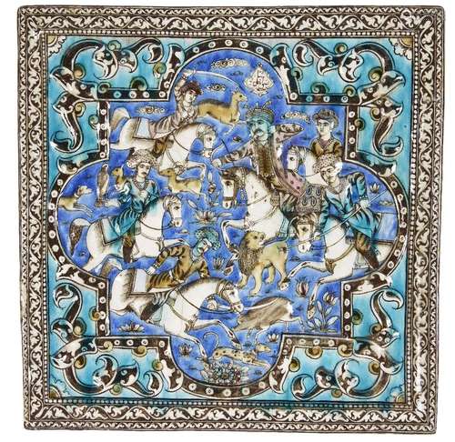 A fine Qajar moulded pottery tile depicting Shah Ismail hunting, Iran, circa 1880, of square form,