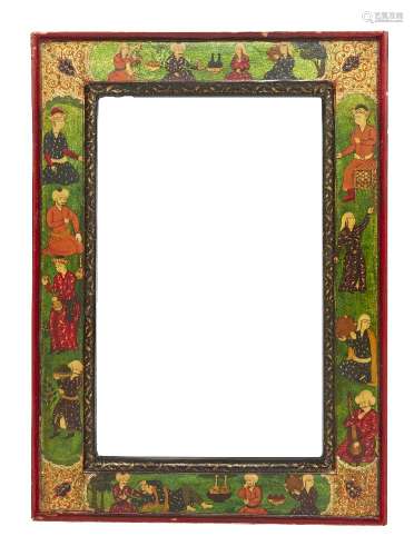 A lacquer papier mache frame, Iran, early 20th century, decorated in polychrome with Safavid-style