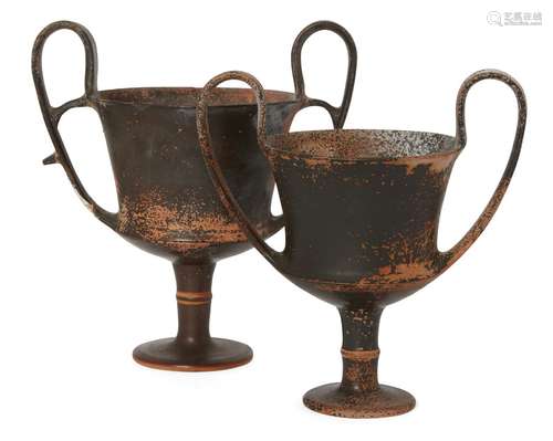 Two Boeotian black glazed kantharoi, circa 5th Century B.C., carinated towards the base, on a