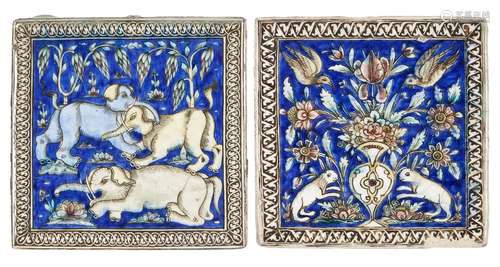 A pair of moulded Qajar pottery tiles, Iran, 19th century, the first depicting a large vase of