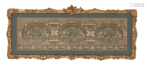 An Ottoman gilt metal thread embroidery panel, Turkey, late 18th/early 19th century, the very finely