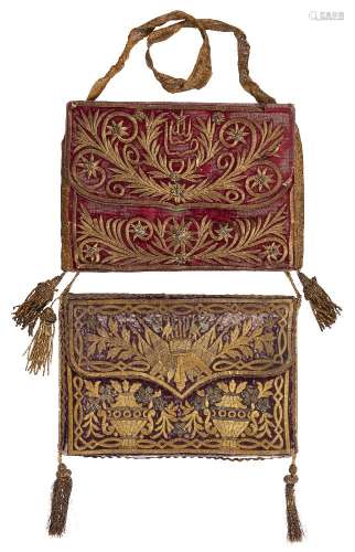 Two gilt metal thread embroidered velvet purses, Ottoman Turkey, late 19th/early 20th century,