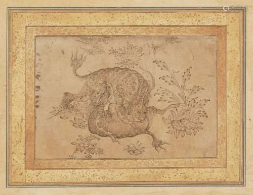 A Qajar ink drawing of combatant fantastical beasts, Iran, 19th century, ink on paper heightened