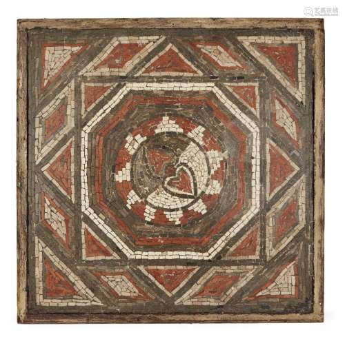 A Roman-style mosaic, 19th/20th, century, the black, white and red tesserae composed into a