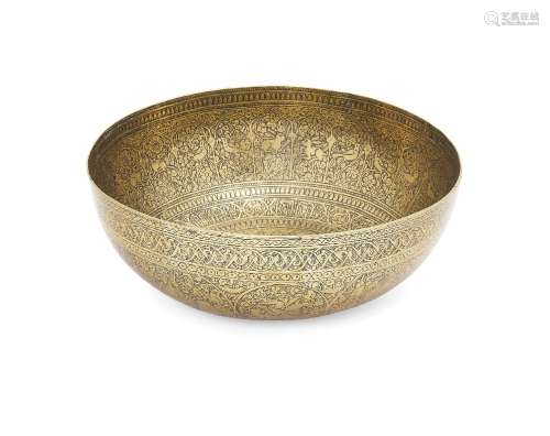 A Qajar engraved brass bowl, Iran, late 19th century, of deep, rounded form, the exterior with ovoid