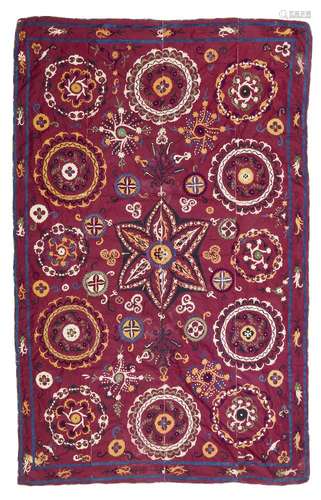 A Shahrisabz embroidered silk Susani, Central Asia, circa 1900, of rectangular form, the purple silk