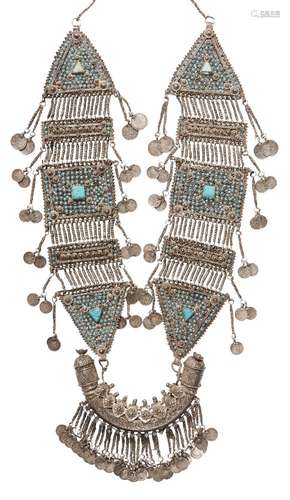 An impressive Bukhara turquoise-set silver necklace, Uzbekistan, 20th century, formed of large