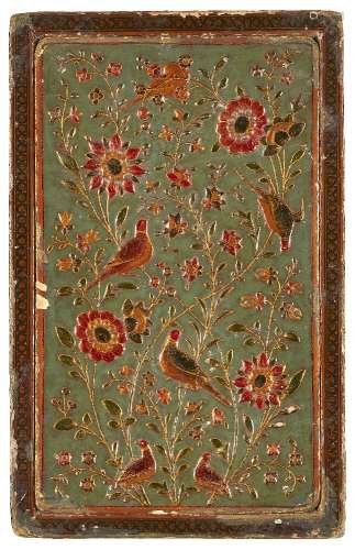 A Qajar lacquered papier mache mirrorcase, Iran, 19th century, of rectangular form, decorated to