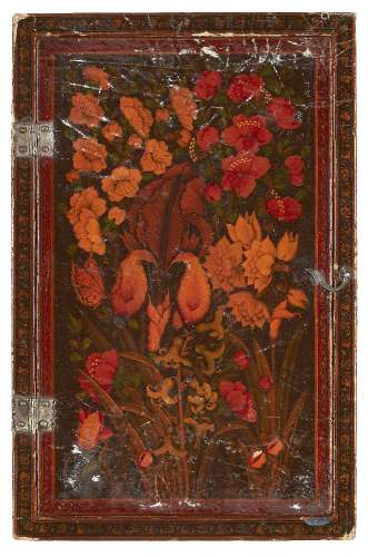 A Qajar lacquered papier mache mirrorcase, Shiraz, Iran, circa 1850AD, of rectangular form,